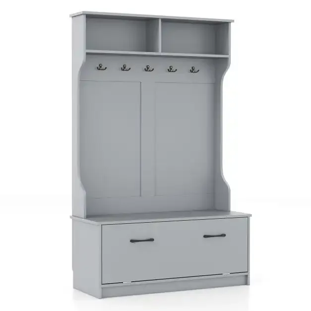 Мебел за антре със закачалка, пейка и шкафче с 5 двойни куки, 160 см, сива