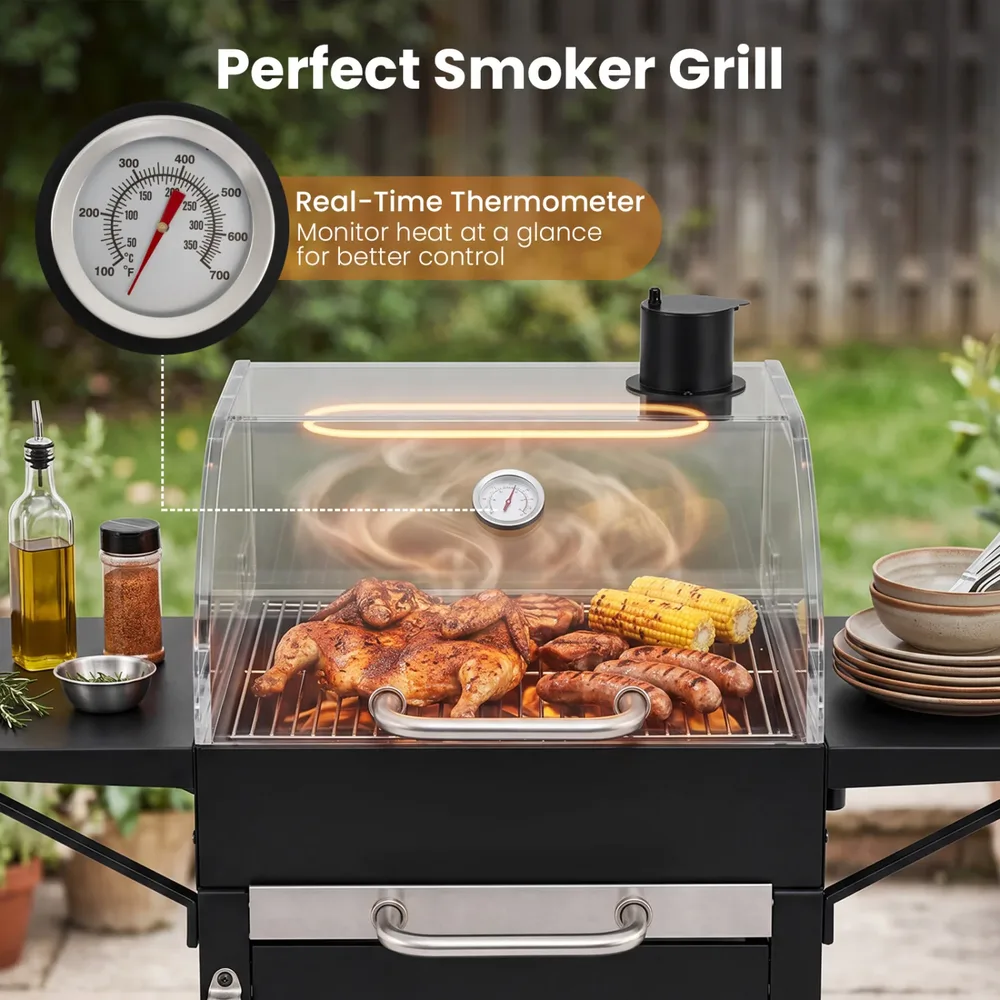 Барбекю на въглища с 2 странични маси, термометър и колела, площ 1830 см², снимка 5