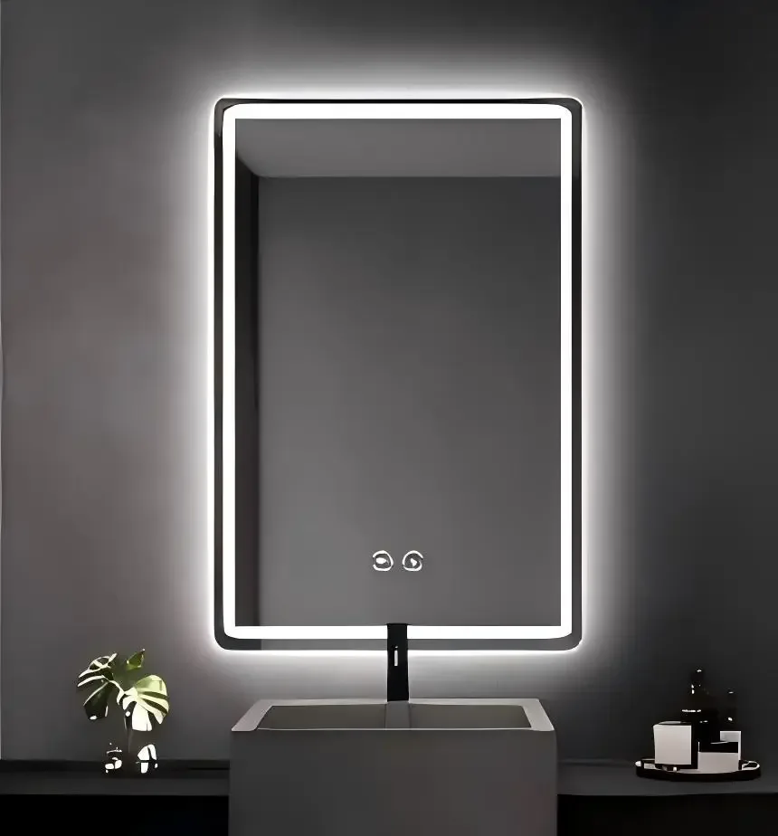 LED огледало за баня с 3 цвята светлина и антизапотяване, 70 × 50 см, черно