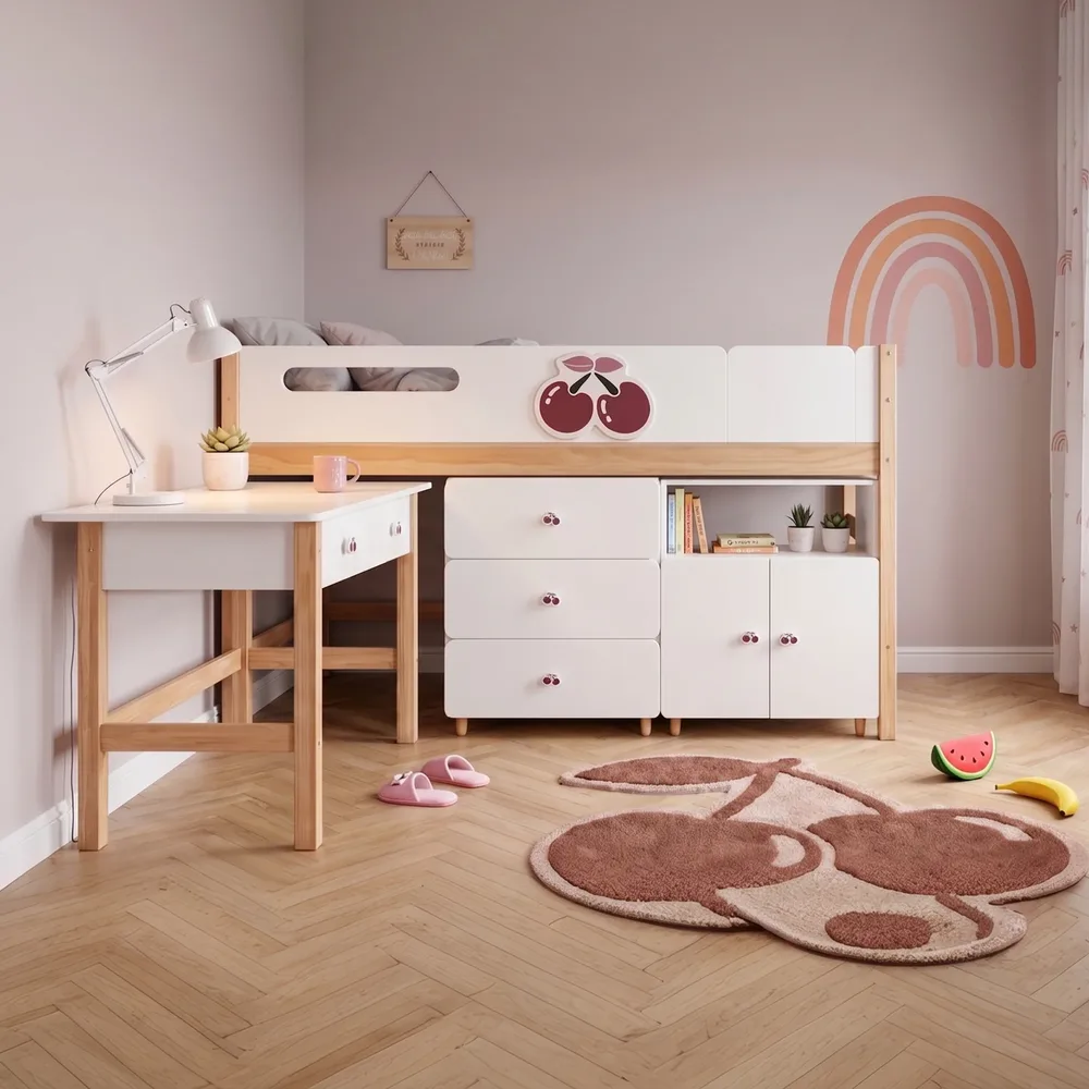Детско комбинирано легло CHERRY с бюро, скрин, шкаф и подматрачна рамка, 90x200 см, снимка 8