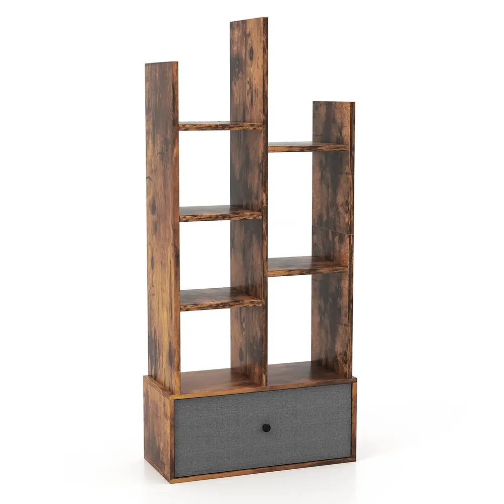 Етажерка за книги на 7 нива с отворен гръб и чекмедже, кафява рустик