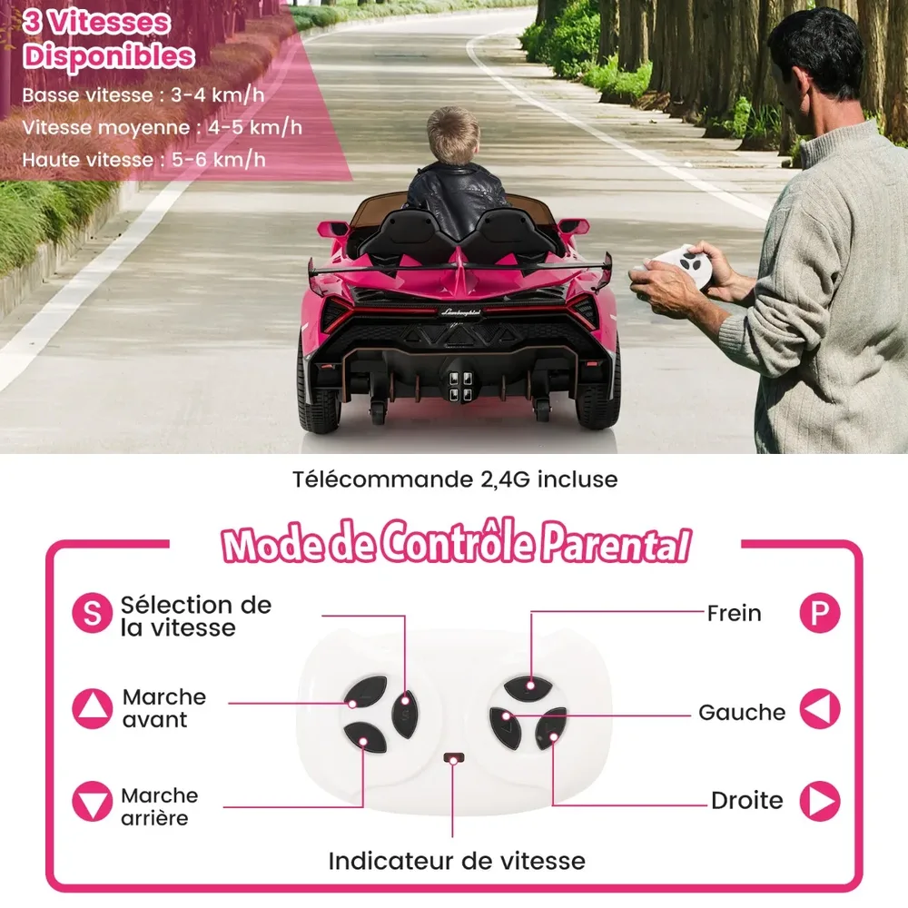 Детска електрическа кола Lamborghini 12V с дистанционно, LED фарове и музика, розова, снимка 2