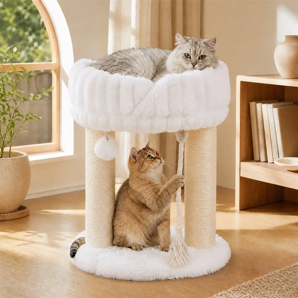 Плюшено дърво за котки със сизалови стълбове и площадка, 40 × 40 × 50,5 см, бяло, снимка 7