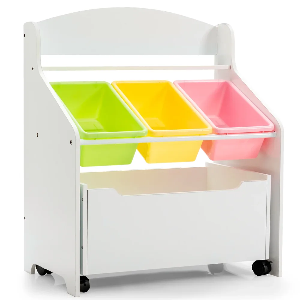 Детски органайзер за играчки с чекмедже на колелца и 3 контейнера, бял