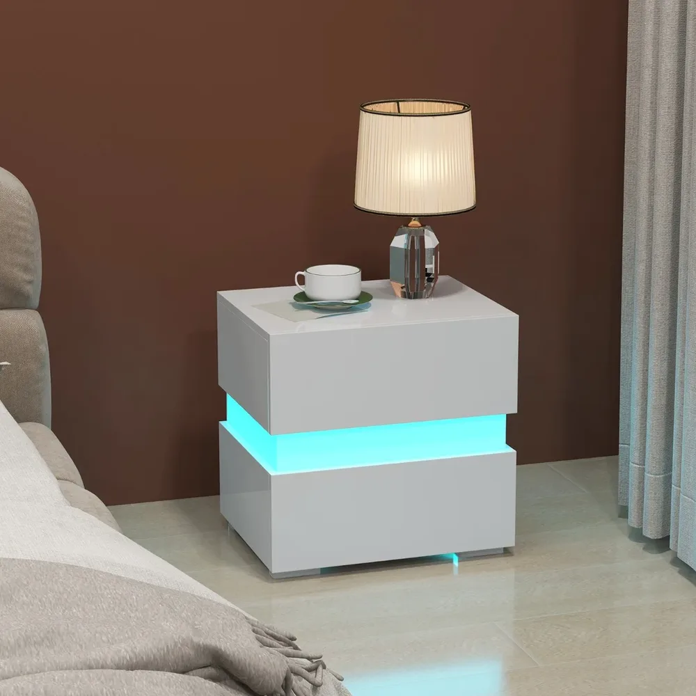 Нощно шкафче с 2 чекмеджета и LED осветление, комплект от 2, бели, снимка 8