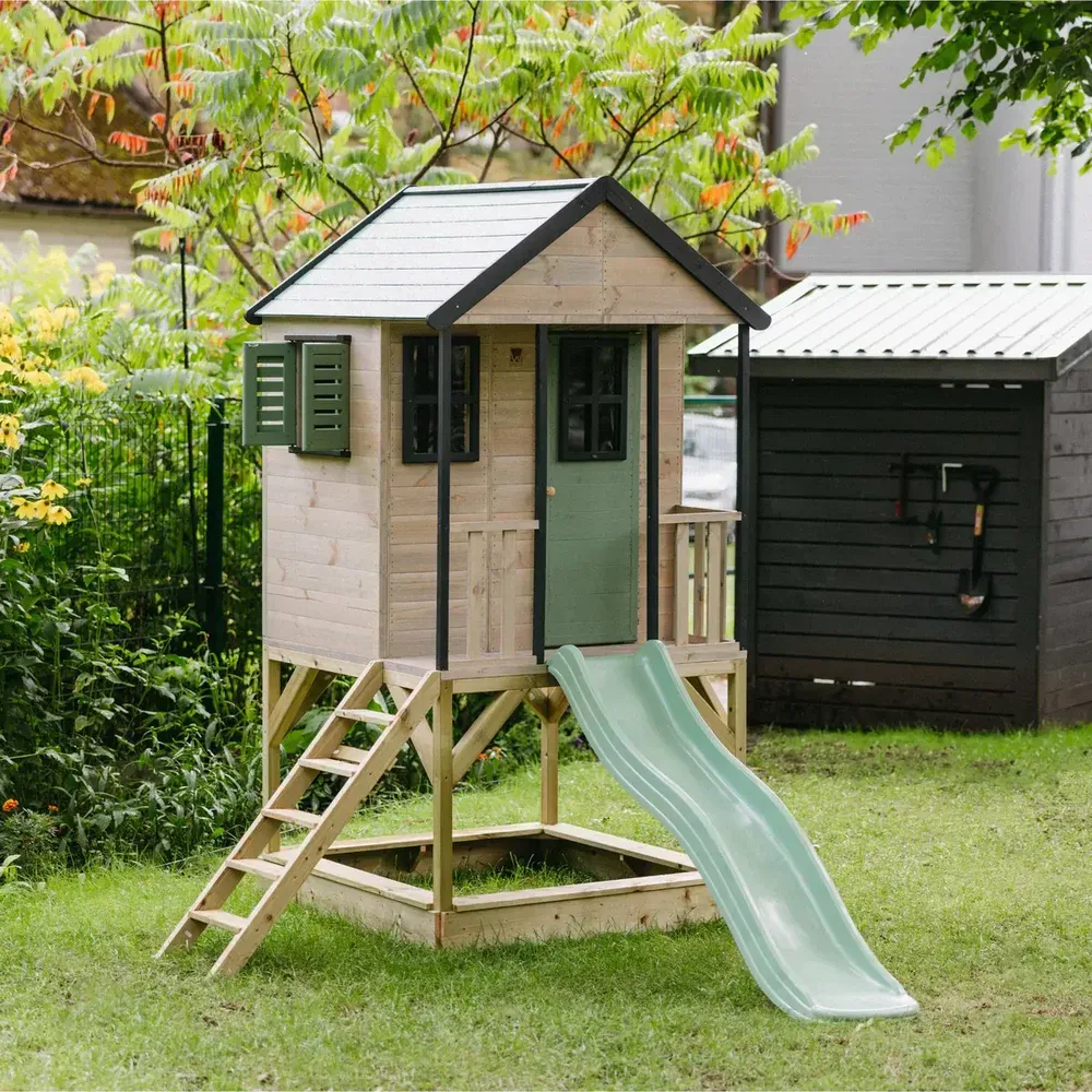 Детска къщичка за приключения Cottage House с платформа и пързалка - Пастелно зелен, снимка 2