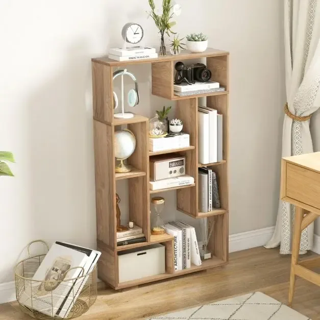 Геометрична етажерка с 11 рафта и защита от преобръщане, 70 × 20 × 120 см, натурална, снимка 3