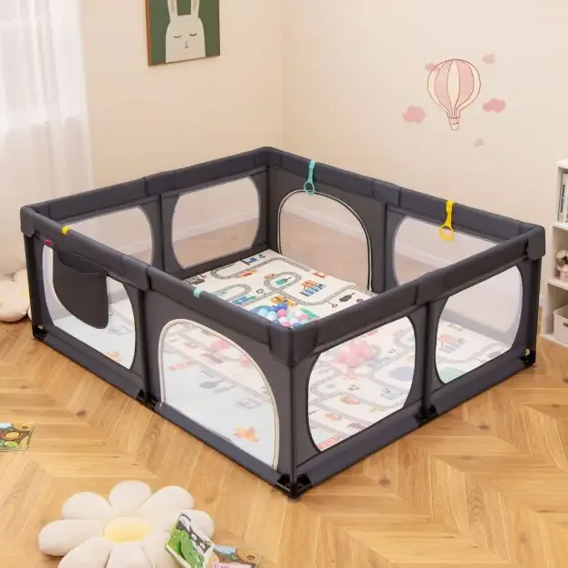 Бебешка кошара с подложка за пълзене, 50 топки, 4 халки и 4 врати с цип, тъмносива, снимка 2