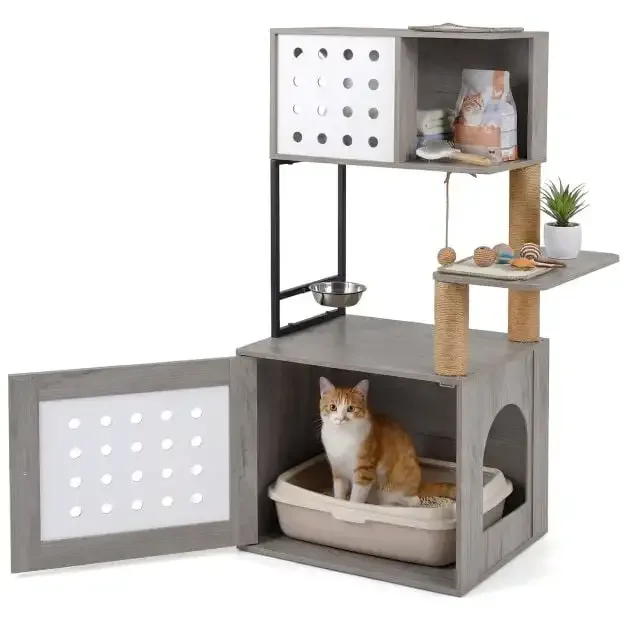 Дърво за котки с шкаф за котешка тоалетна, хранилка и драскалки, 117,5 см, сиво