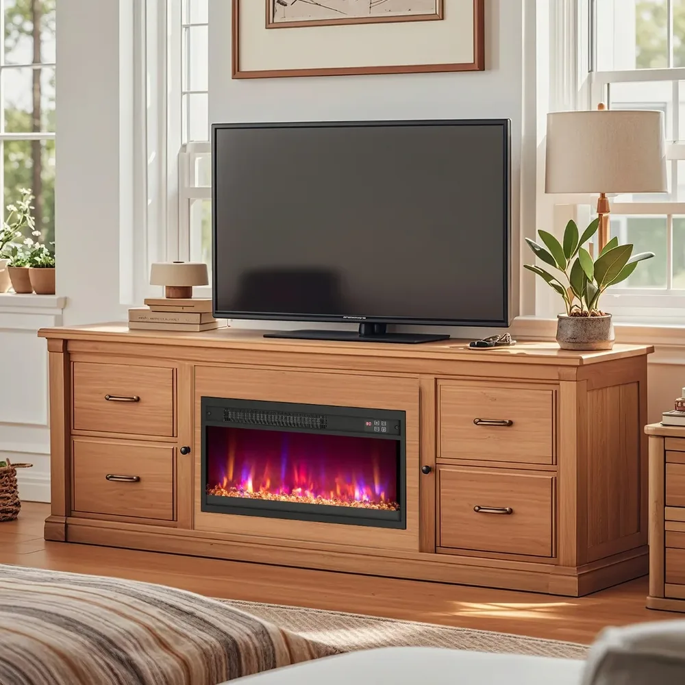 Вграждаема електрическа камина 23 инча, 1500 W, с дистанционно и таймер 0,5–9 ч, черна