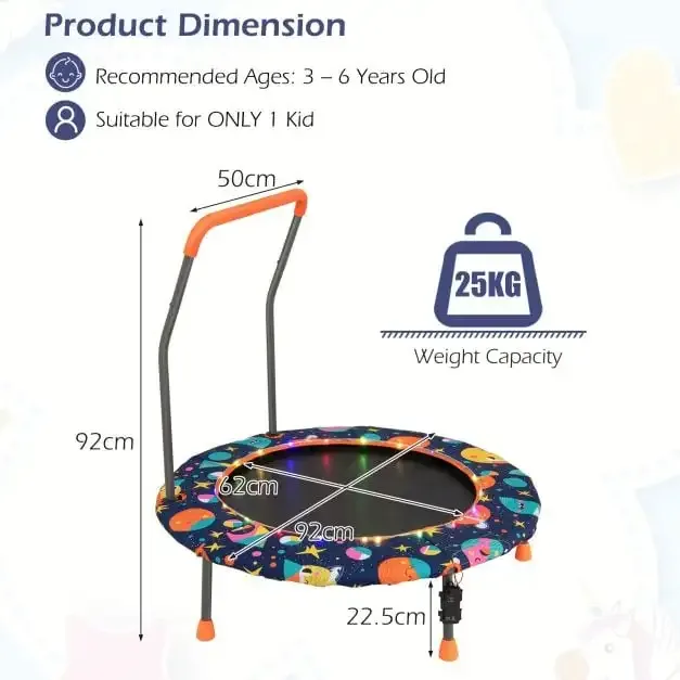 Детски мини батут с дръжка и многоцветни LED светлини, Ø 92 см, снимка 4