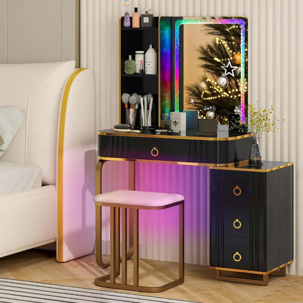 Тоалетка с LED осветление, 7 динамични и 7 статични режима и табуретка, черна, снимка 7
