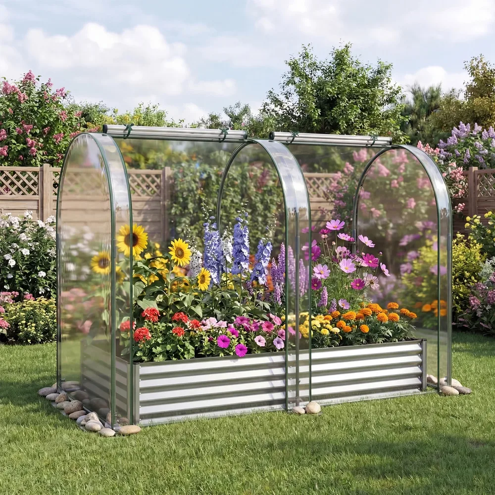 Поцинкована повдигната леха 180 × 90 × 30 см с оранжерийно покритие, сребриста, снимка 2