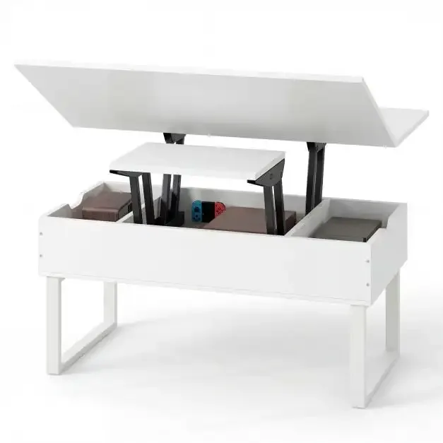 Холна маса с повдигащ се плот 3 в 1 и 3 отделения за съхранение, бяла