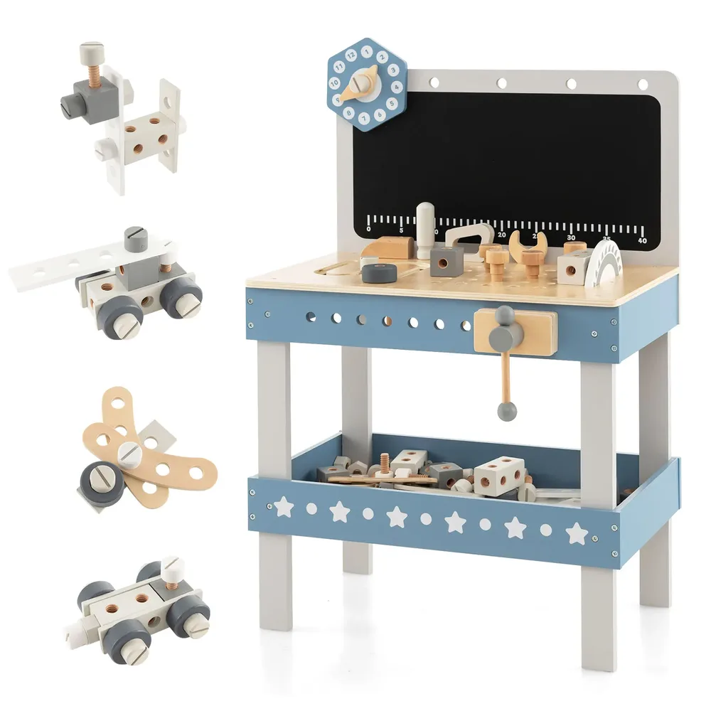 Детски дървен комплект работилница с 61 инструмента и части, син, снимка 3