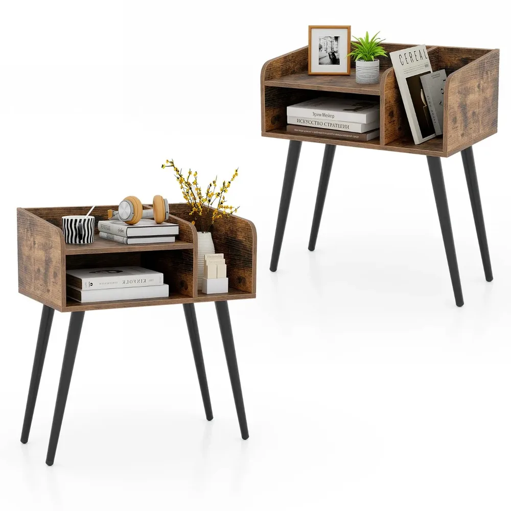 Комплект от 2 нощни шкафчета на 2 нива в стил mid-century, рустик кафяви, снимка 2