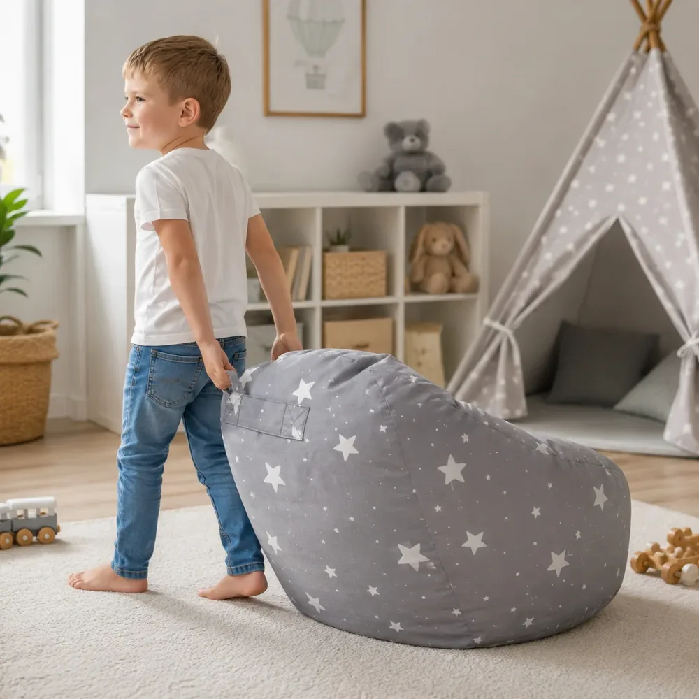 Детски пуф кресло Little Stars, 100% памук, сив барбарон със звезди, 55x44x55 см, снимка 9