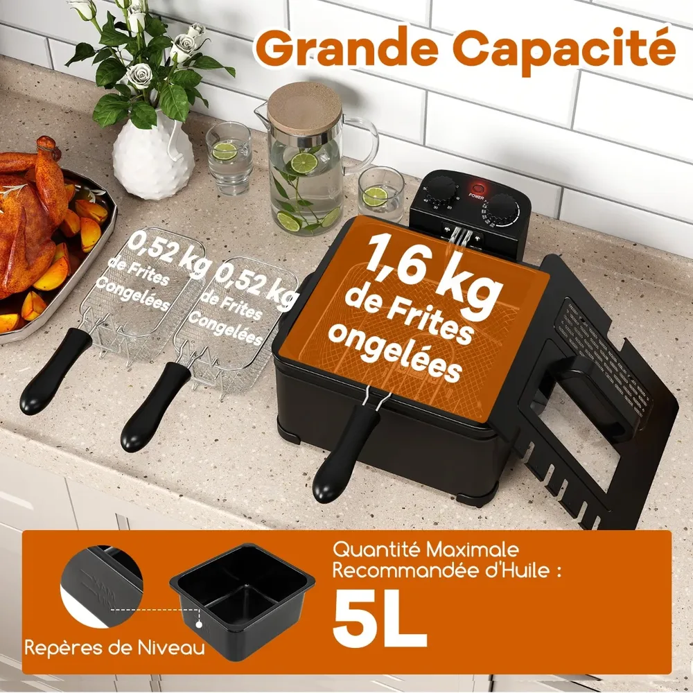 Електрическа фритюрница 5 л, 2000 W, с 3 коша, таймер и регулируема температура, черна, снимка 4