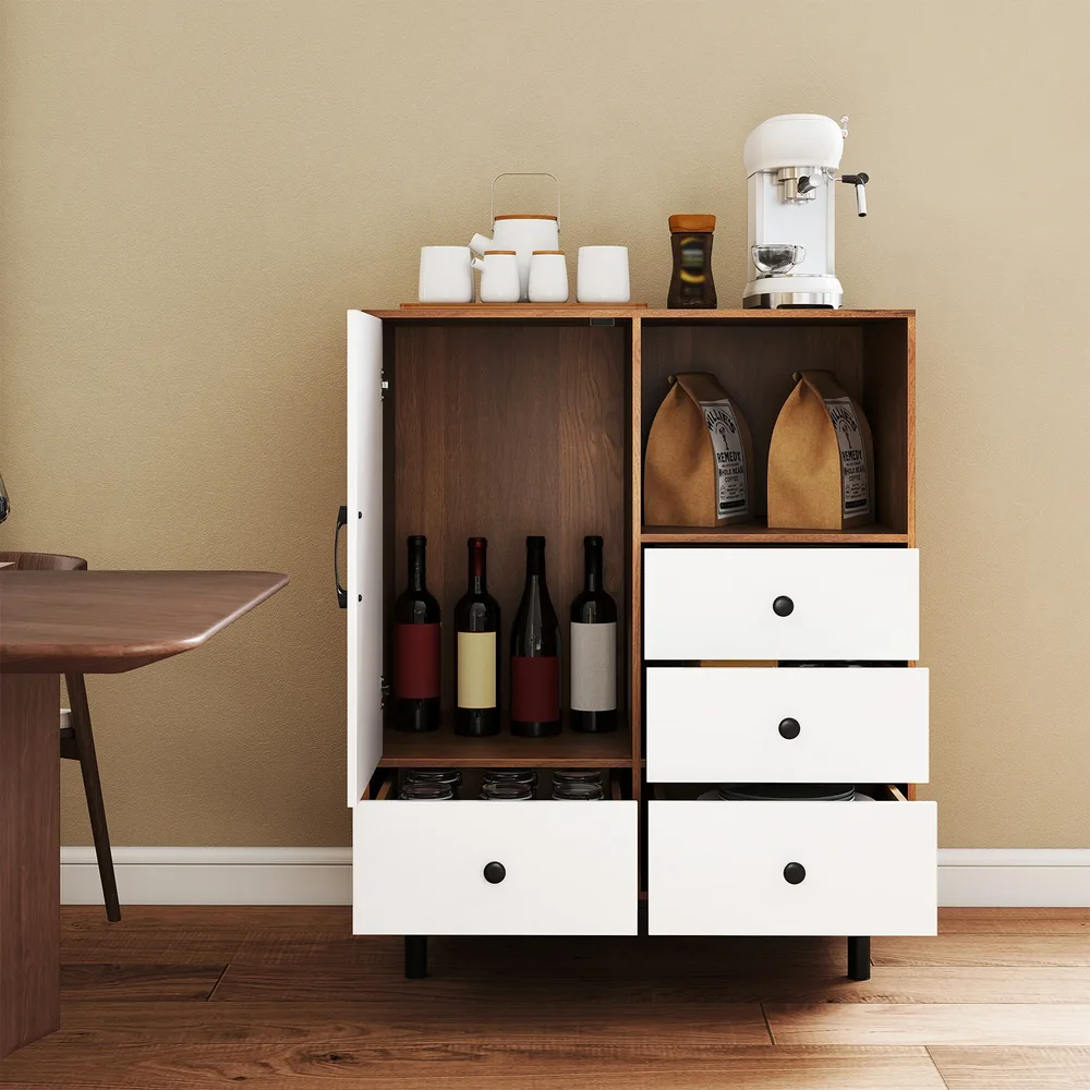 Бюфет в стил „мидсенчъри“ с 4 чекмеджета и отворено отделение, натурален, снимка 3