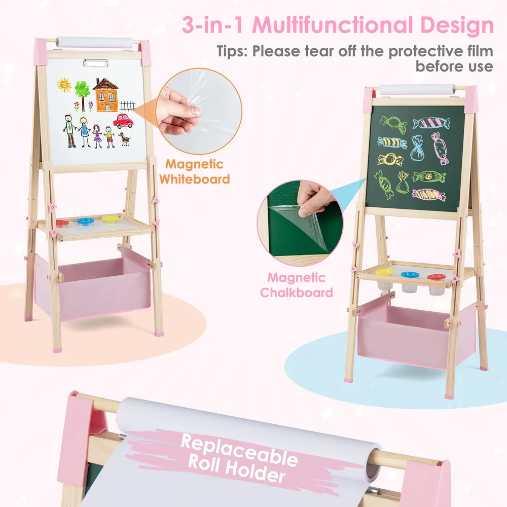 Детски двустранен статив за рисуване 3 в 1 с регулируема височина, розов, снимка 7