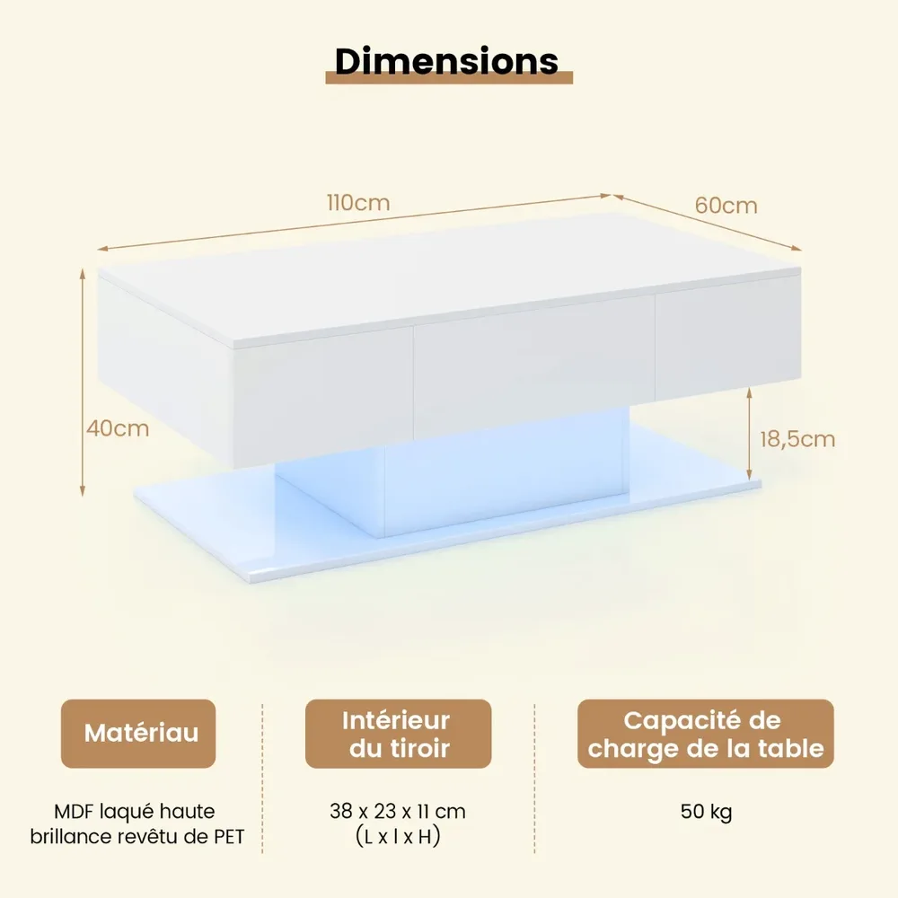 Холна маса с висок гланц и LED осветление в 20 цвята, 110 × 60 × 40 см, бяла, снимка 5