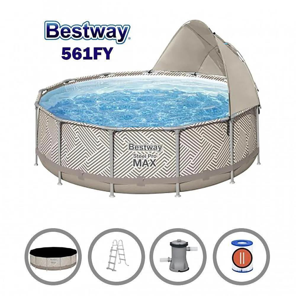 Басейн с метална конструкция и сенник, 396 × 107 см, Bestway 561FY Steel Pro Max, с филтърна помпа, покривало и стълба