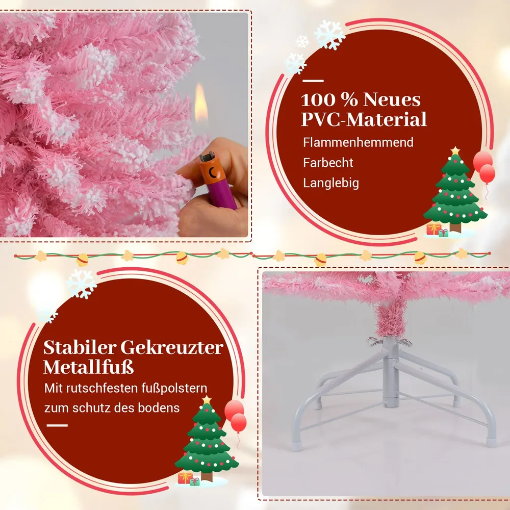Тясна коледна елха с флок покритие и 460 клонки, на сгъваема метална стойка, розова
