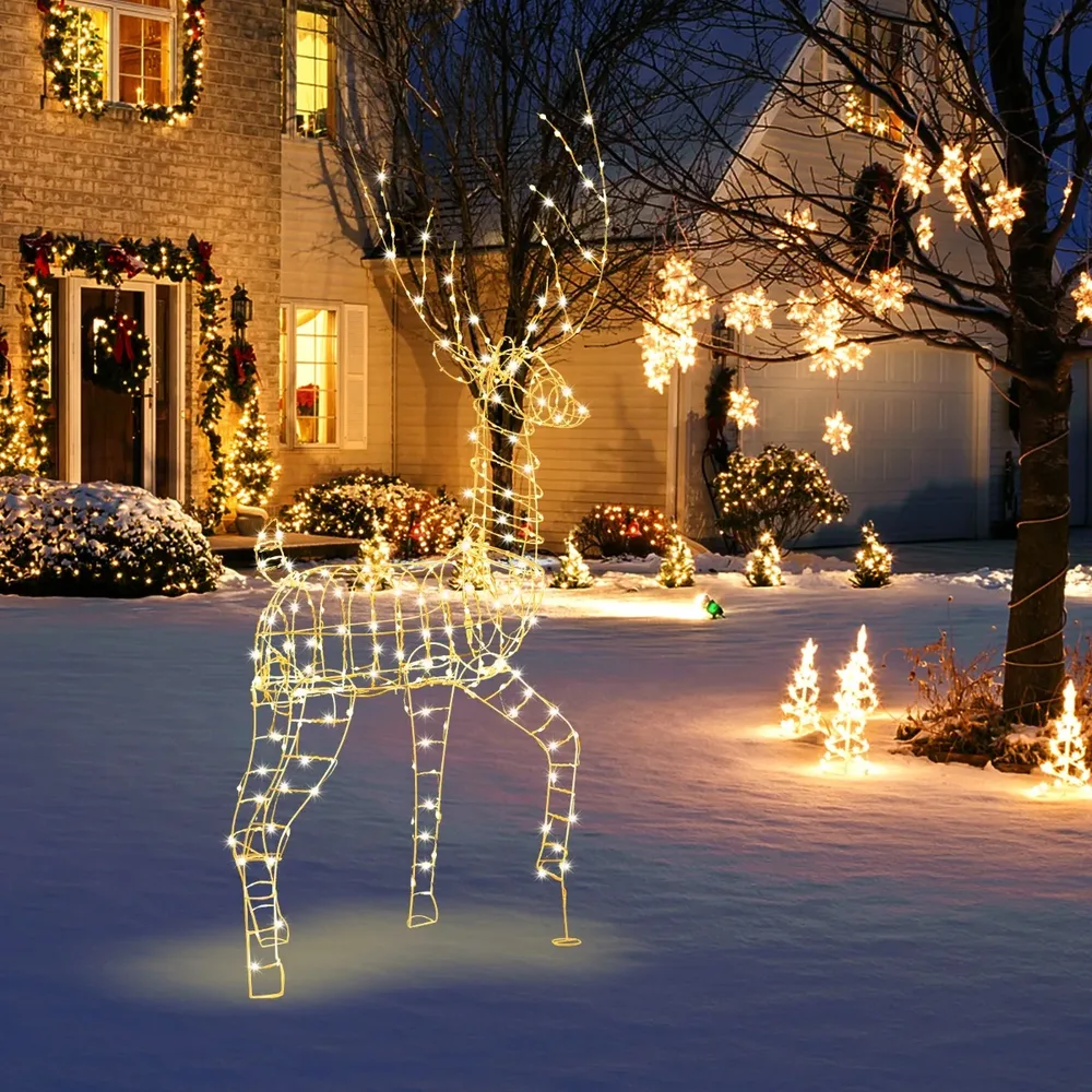 Светещ 3D коледен елен, 186 см, с 300 топли LED светлини, бял, снимка 3