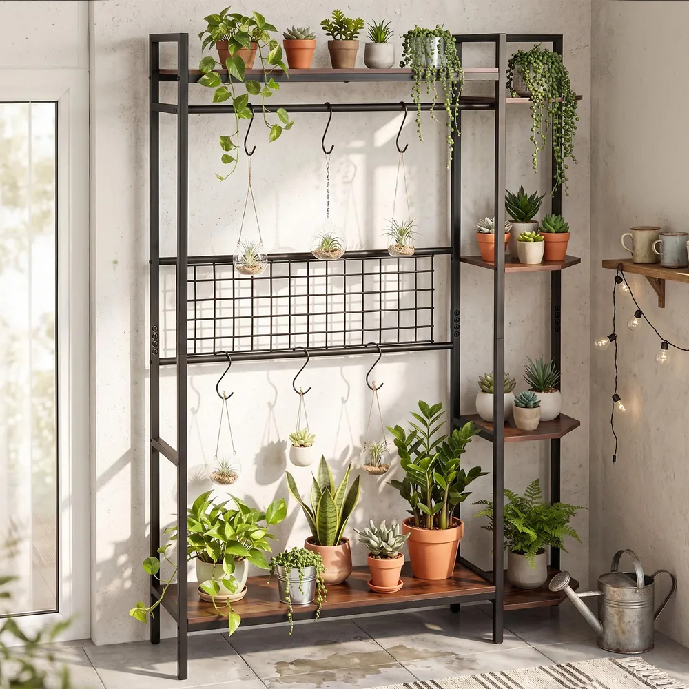 Стойка за цветя с 6 куки и решетка, метална рамка, 113 × 29,5 × 156,5 см, черна/кафява, снимка 2
