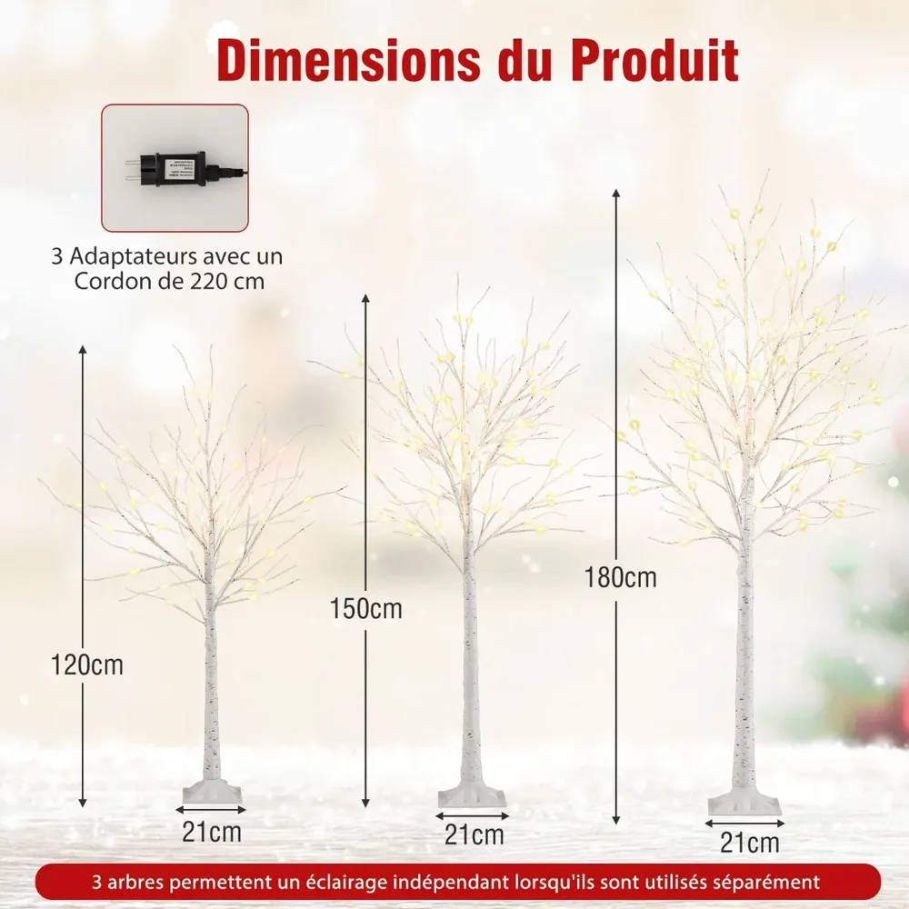 Комплект от 3 изкуствени брези с вградени LED светлини, 120/150/180 см, бели, снимка 4