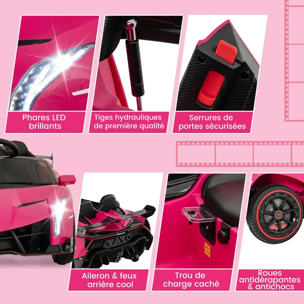 Детска електрическа кола Lamborghini 12V с дистанционно, LED фарове и музика, розова, снимка 4