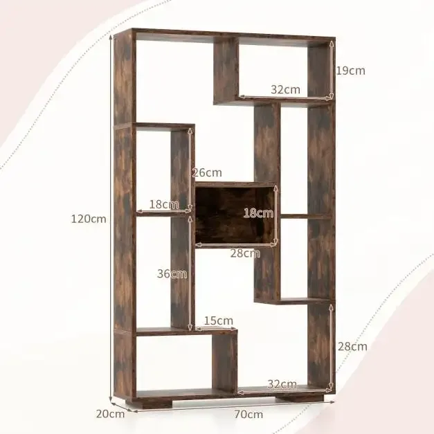 Геометрична етажерка с 11 рафта и защита от преобръщане, 70 × 20 × 120 см, кафява, снимка 5