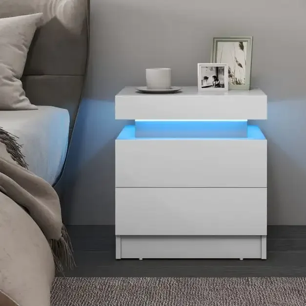 Нощно шкафче с имитация на мрамор, 2 чекмеджета и LED осветление, бяло, снимка 2