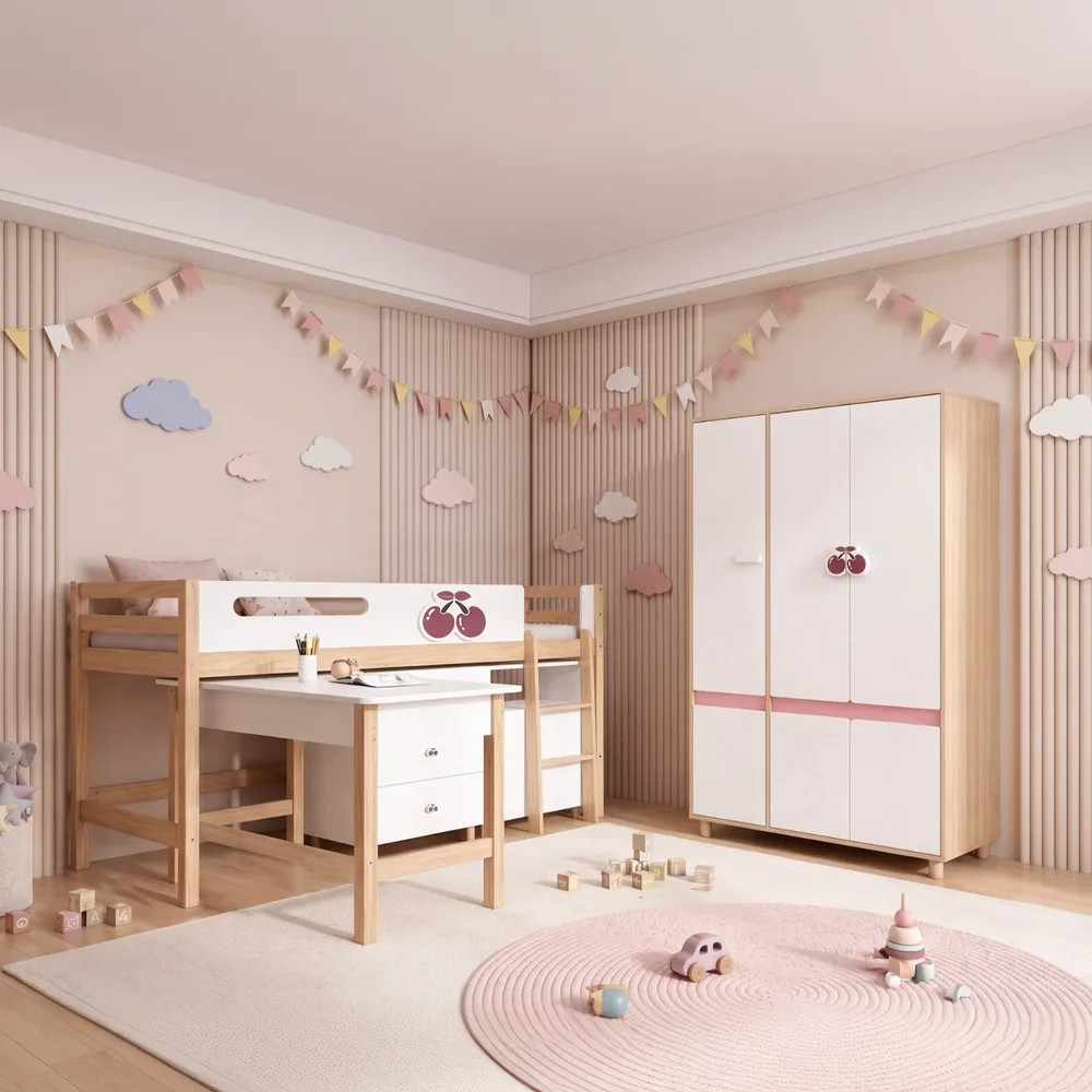 Комплект детска стая CHERRY с комбинирано легло 90x200 см, бюро, скрин, шкаф и трикрилен гардероб, бяло, розово и натурално дърво, снимка 4