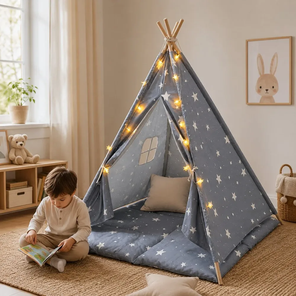 Детска памучна палатка Little Stars, типи, сива със звезди, 100% памук, с мека подложка с пълнеж, възглавница и LED лампички, 120x120x160 см, снимка 7