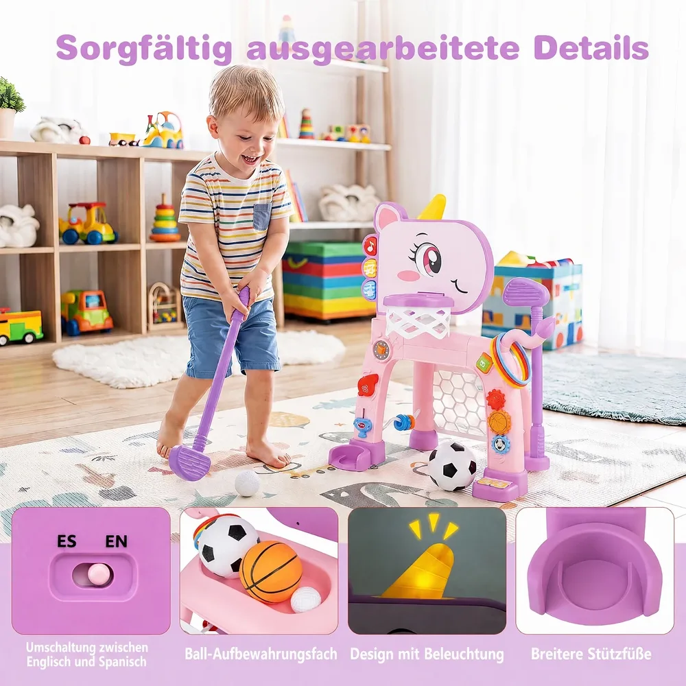 Детски център за игра 4 в 1 с баскетболен кош и футболна врата, еднорог, розов, снимка 8