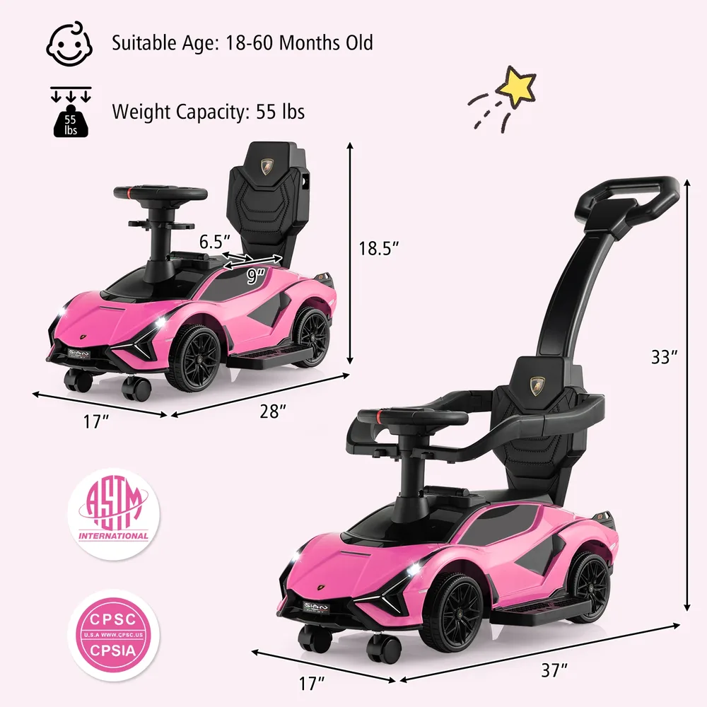 Детска кола 3 в 1 Lamborghini за каране, ходене и бутане, розова, снимка 4