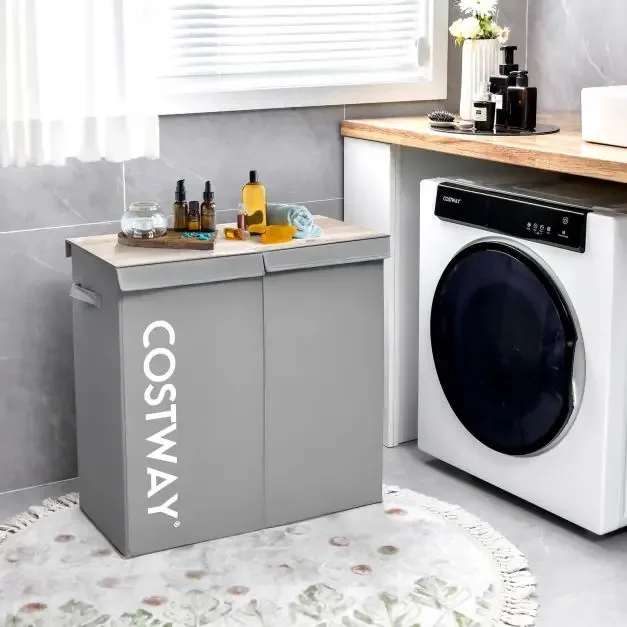 Кош за пране 105 л с дървен капак и 2 отделения, сив, снимка 6
