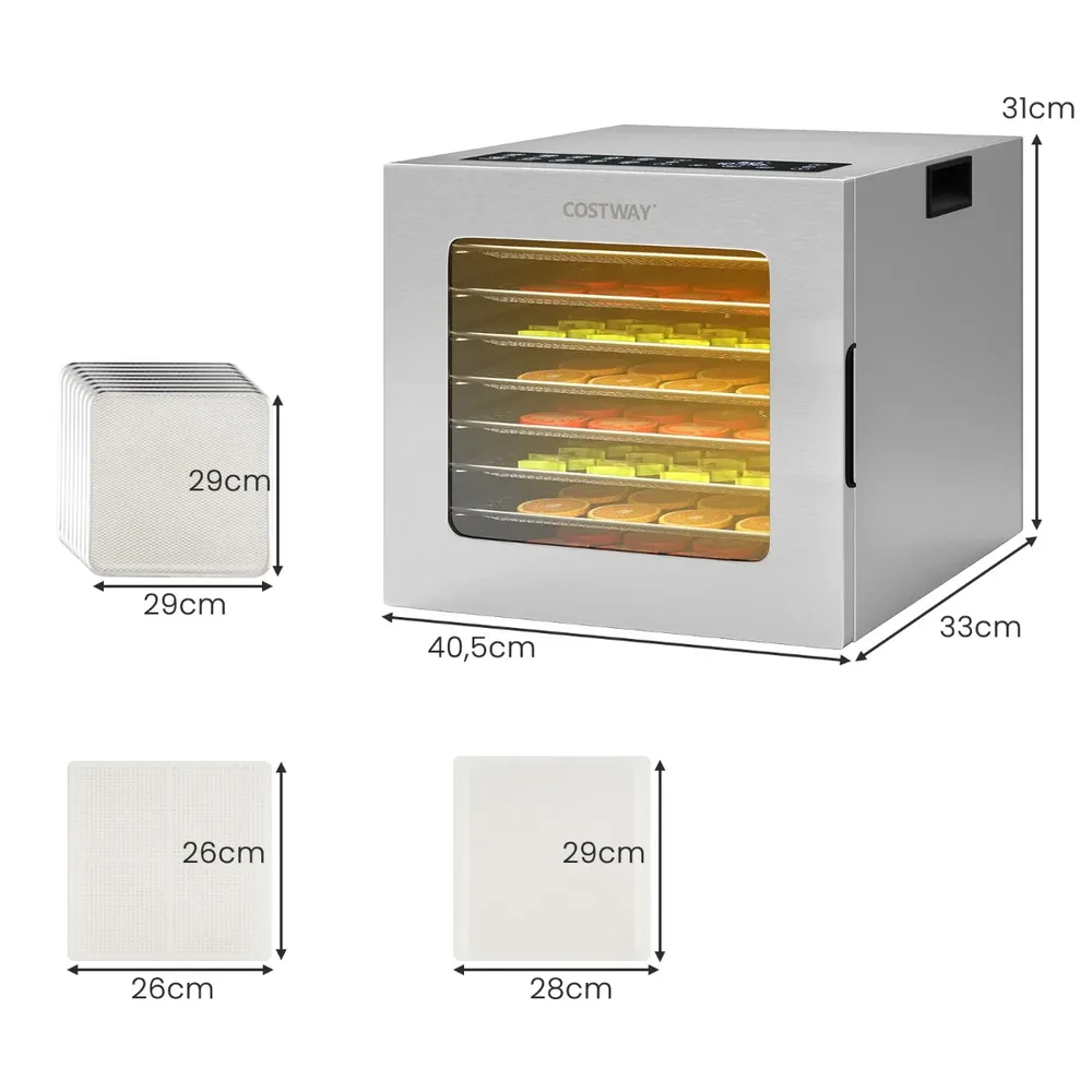 Дехидратор за храна 850 W с 8 тави от неръждаема стомана, таймер 48 ч, 35–75 °C, сребрист, снимка 5