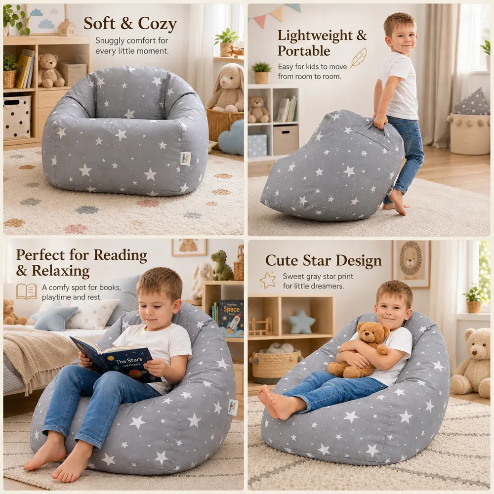 Детски пуф кресло Little Stars, 100% памук, сив барбарон със звезди, 55x44x55 см, снимка 6
