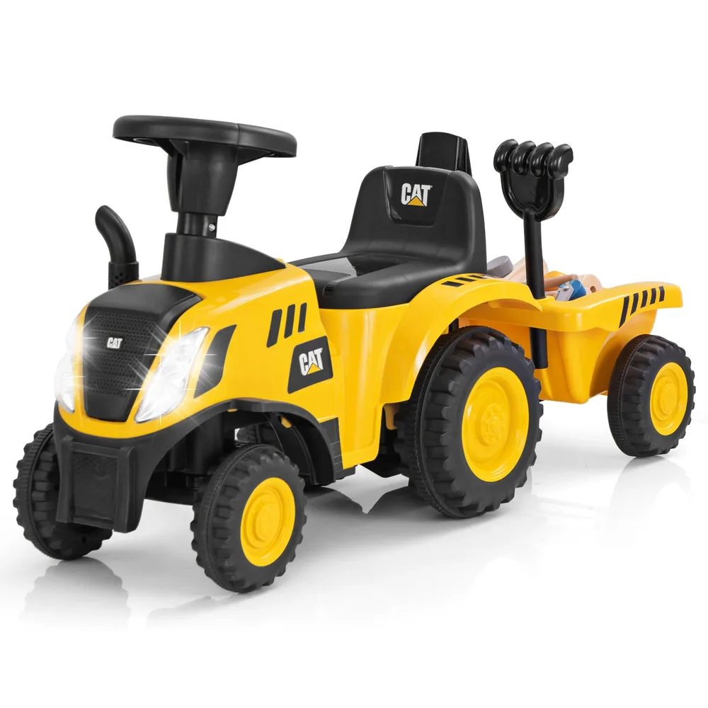 Детски трактор за каране с краката Caterpillar със сваляемо ремарке, жълт
