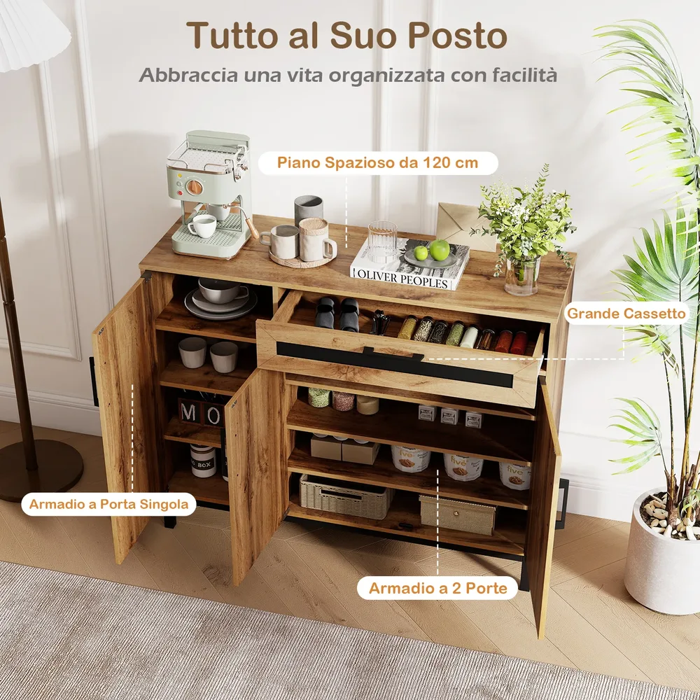 Бюфет в селски стил с чекмедже, 3 врати и подвижни рафтове, 120 см, натурален/черен, снимка 6