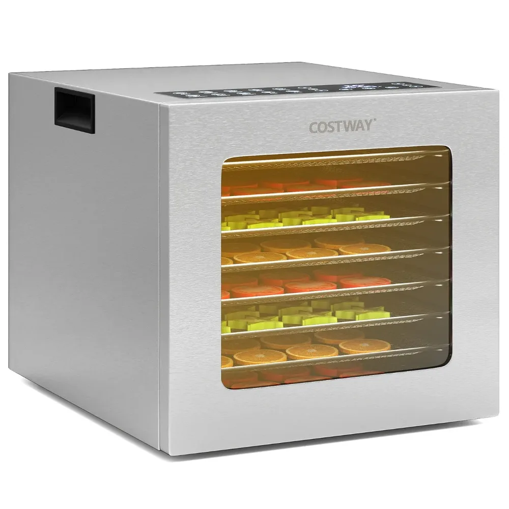Дехидратор за храна 850 W с 8 тави от неръждаема стомана, таймер 48 ч, 35–75 °C, сребрист