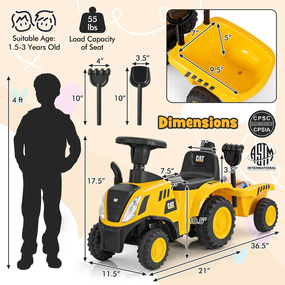 Детски трактор за каране с краката Caterpillar със сваляемо ремарке, жълт, снимка 4
