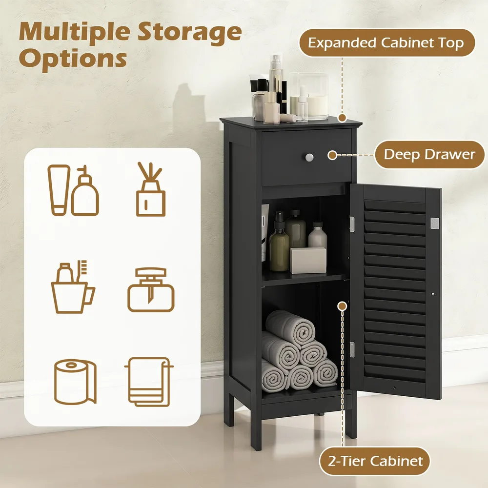 Тесен шкаф за баня с регулируем рафт и чекмедже, черен, снимка 6