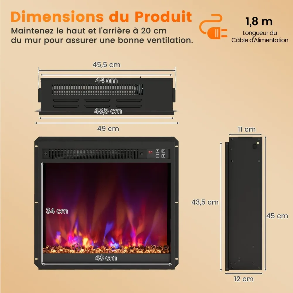 Вграждаема електрическа камина 18 инча, 1500 W, с дистанционно и таймер 0,5–9 ч, черна, снимка 4