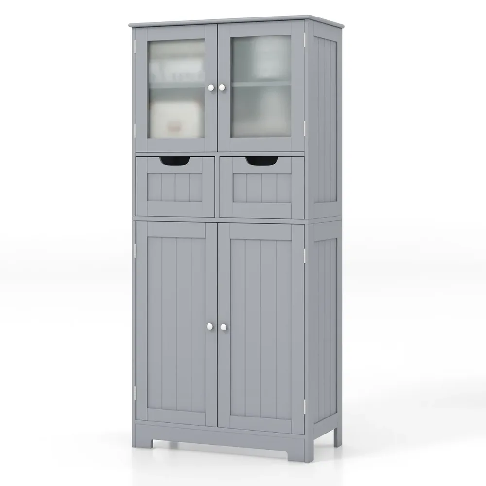 Шкаф за баня с 4 врати и 2 чекмеджета, 60 × 30 × 128 см, сив