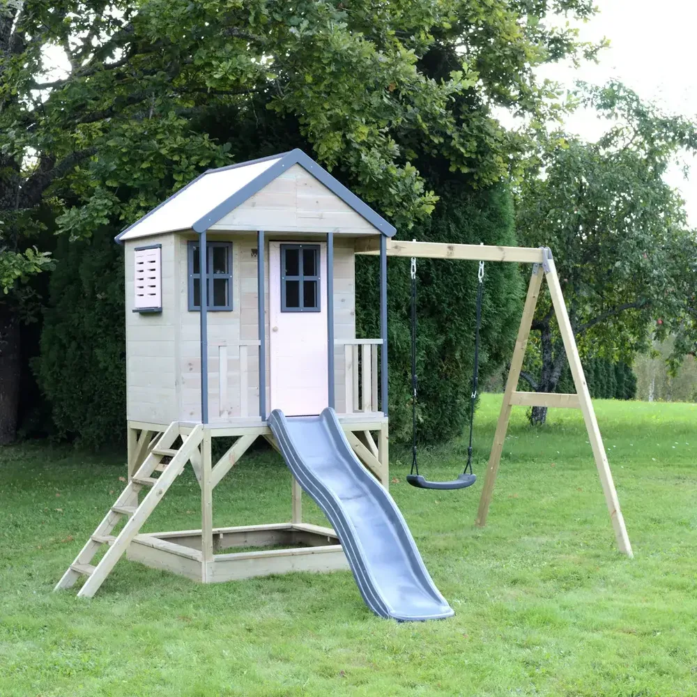 Детска къщичка за приключения Cottage House с платформа, пързалка и една люлка - Пастелно розов и сив, снимка 2