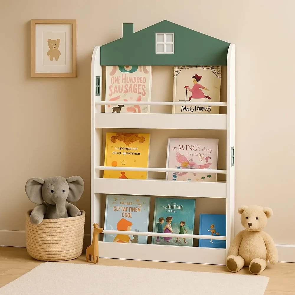 Детска етажерка за книги и играчки – къщичка, 3 рафта, дърво, 60x12x106 см, снимка 8