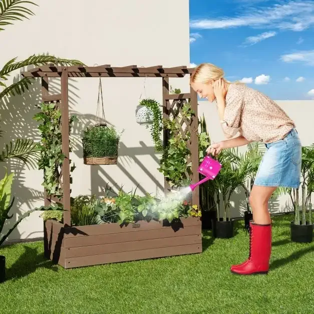 Дървена леха с решетки и висящ покрив, 110 × 44 × 113,5 см, кафява, снимка 3